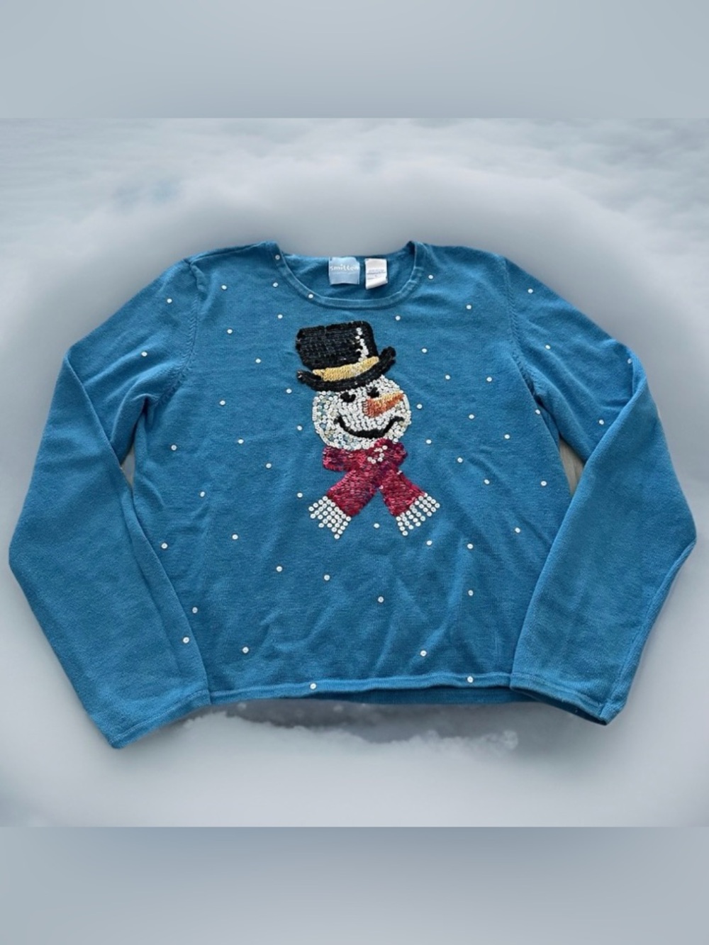 Smitten by MIchael Simon Sweater Women’s Large Snowman Christmas Sequins Blue